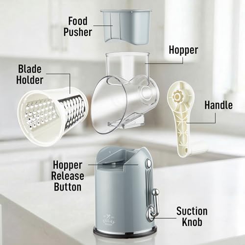Rotary Cheese Grater Manual Hand Crank 5 Blade Shredder (5 Blades / Classic | Gray)
