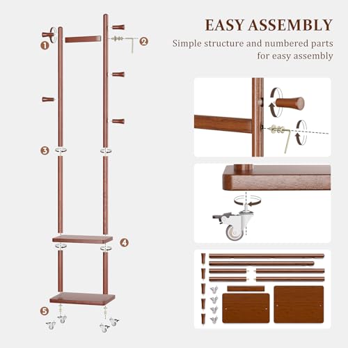Small Clothes Rack Solid Wood Coat Rack Freestanding with Wheels