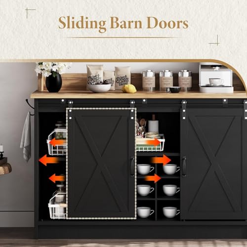 47" Coffee Bar Cabinet with Storage Hutch & Wine Rack (47Inch / Black)