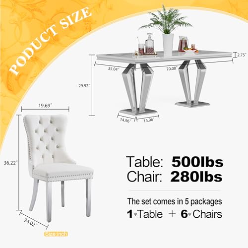 7 Piece Luxury Dining Room Set (Silver White + White / Dining Table + 6 Velvet Chair)
