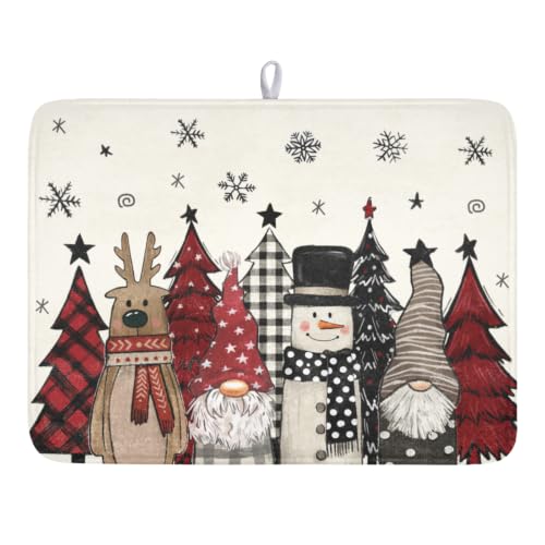 Winter Snowman Gnome Dish Drying Mat Xmas Tree Dishes Pad 18"x24" Microfiber Fast Dry Dish Drainer Rack Mats Kitchen Countertop Accessories (Winter Snowman Gnome / 18x24 inch)