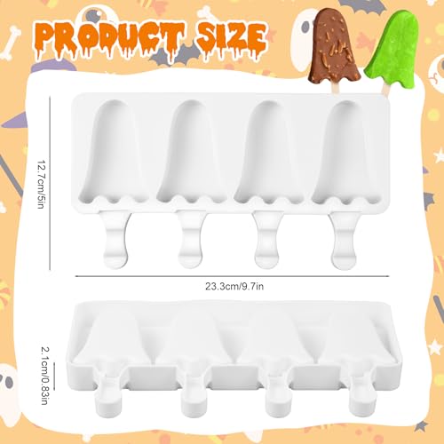 Halloween Ghost Shaped Mold Large 4 Cavity Reusable Silicone Cakesicle Cake Pop Ice Cream Mold for Halloween Adults Homemade Ice Cream Chocolate Candy DIY Trick Dessert Decorating (Ghost)