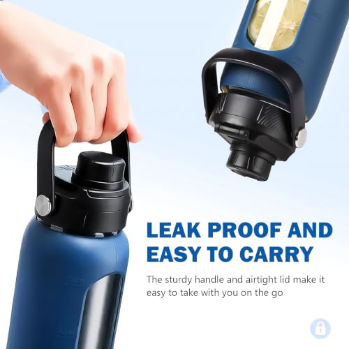 32 oz Glass Water Bottle with Straw and 2 Lids (Navy Blue / 32 Ounces)