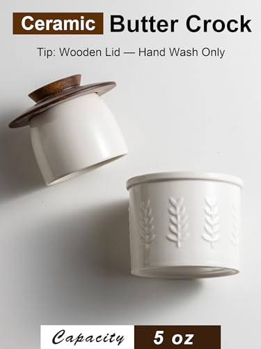 Butter Crock Ceramic Butter Dish with Lid for Countertop (White / Leaf-3.94"dia)