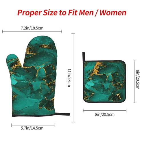 Turquoise Marble Oven Mitts and Pot Holders Sets of 3 Kitchen Decor (Green Marble)
