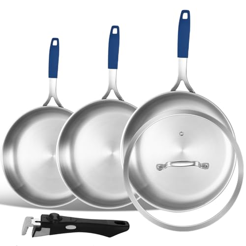 8.5-10-12 Inch Stainless Steel Pans Set with Lid, Detachable Handle