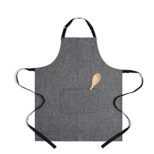 100% Pure Linen Apron Black (Chambray Black / 32 X 27 Inch)