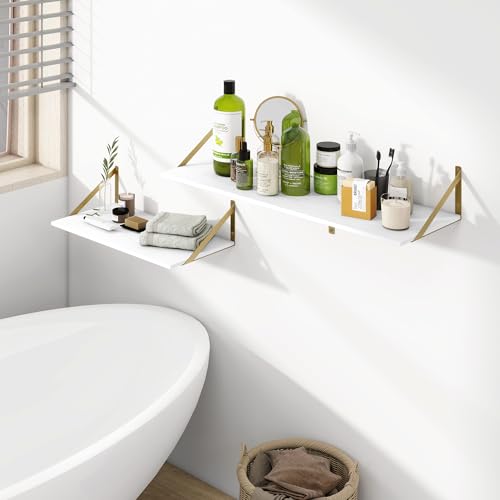 24W x 12D Deep Floating Shelves Set of 2 White & Gold (White With Golden Bracket / 24Wx12Dx5.8H)