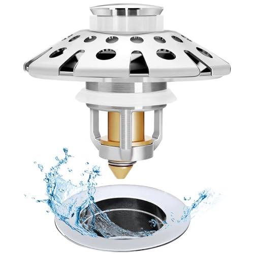 Bathroom Sink Stopper with Hair Catcher (Chrome Silver)