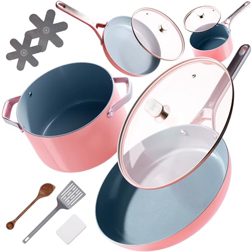 Premium Non Toxic Ceramic Cookware Set (12 Piece Kit / Coral Pink)