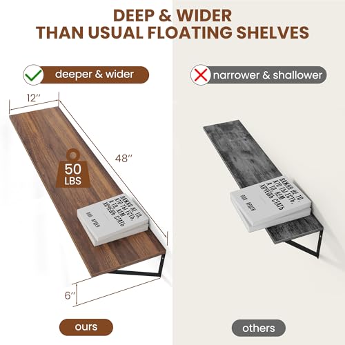 48W x 12D Deep Floating Shelves Set of 2 Walnut (Walnut With Black Metal Bracket / 48wx12dx5.8h)