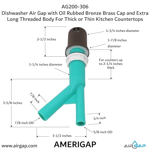 Dishwasher Air Gap with Skirted Oil Rubbed Bronze Brass Cap and Extra Long Threaded Body for Thick or Thin Kitchen Countertops (AG200-306)