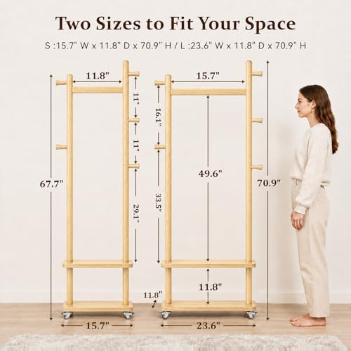 Small Clothes Rack Solid Wood Coat Rack Freestanding with Wheels