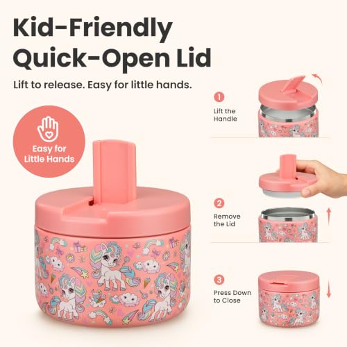 12oz Insulated Vacuum Food Jar with Buckle Lid Wide Mouth Soup Thermo for Hot Food Kids Leakproof Stainless Steel Lunch Container (Pink-Horse / 12OZ)