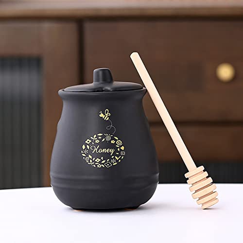 Ceramic Honey Jar With Wooden Honey Dipper (Honey Jar-Black)