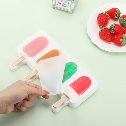 3 Set Small Popsicles Molds with Lids and 100 Pieces Wooden Popsicles Sticks (White / Small Size)