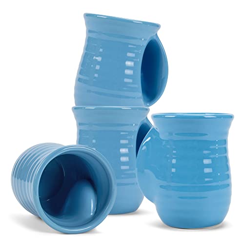 Ribbed 14 ounce Ceramic Stoneware Handwarmer Mugs Set of 4 (4 count / Ice Blue)