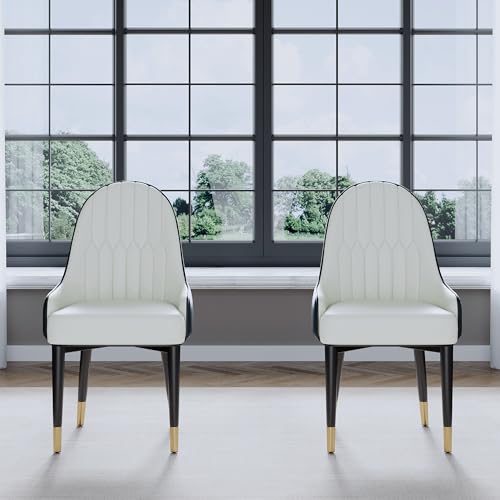 Black White Dining Chairs Set of 2 with High Backs Mid Century Modern Kitchen Dining Room Chairs PU Faux Leather Upholstered Large Padded Accent Chair with Legs (Black White)