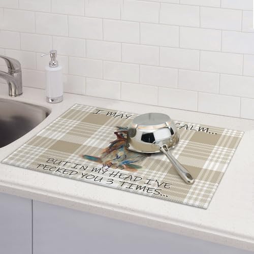 Kitchen Drying Mat Funny Owl Dish Drainer Mat for Kitchen Counter Microfiber Absorbent Reusable Washable 18x24 Inch Home Holiday Decor Cute Buffalo Plaid Drying Pad (Funny Owl / 18 x 24 inch)