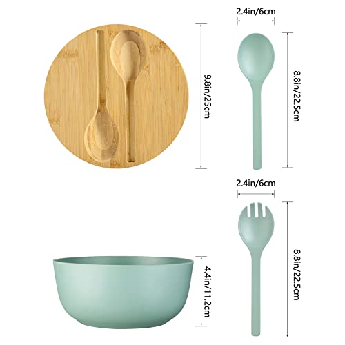 Bamboo Fiber 10 ″ Large Salad Serving Bowl Set with Wooden Lid & Servers (9.84 inch / Turquoise)