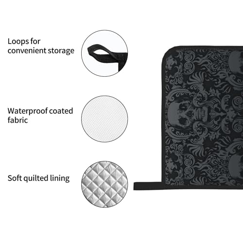 Victorian Gothic Black Skull Damask Oven Mitts and Pot Holders Sets of 4 (One Size / Black Skull)