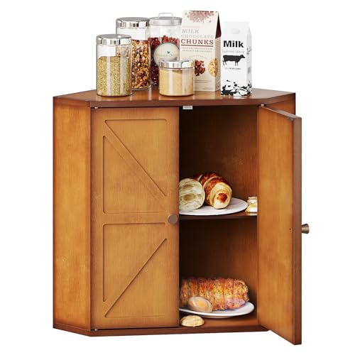Corner Bread Box for Kitchen Counter Double Layer Bamboo Bread Storage Container Large Capacity Bread Storage Bin Farmhouse Breadbox Organizer (Antique Brown)