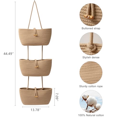 3 Tier Cotton Rope Baskets with Button Strap Over the Door Wall Hanging Baskets for Nursery (Jute / 3 tier+Button)