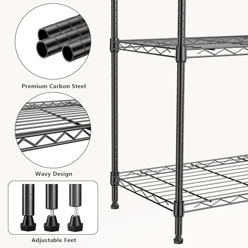 1000 lbs 4Tier Shelf Metal Storage Shelves Wire Rack Closet Organizers with Wheel for Garage Kitchen Bathroom Laundry Black 13.7" D x 23.6" W x 53.4" H (4 Count)