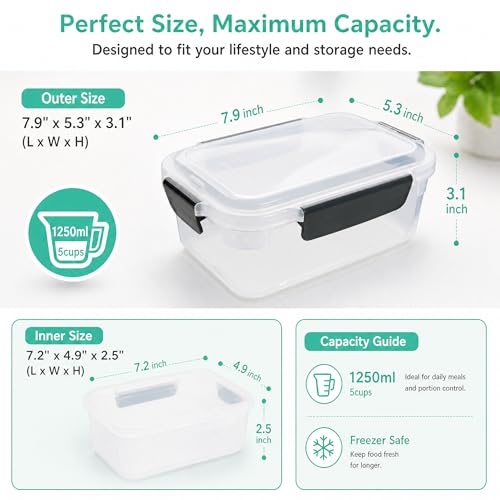 5cup Plastic Food Storage Containers With Lids For Lunch Meal Prep (5 cups)