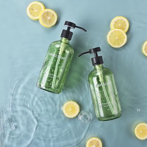 Glass Kitchen Soap Dispenser Set with Ceramic Tray (Green Bottles + Black Pumps)