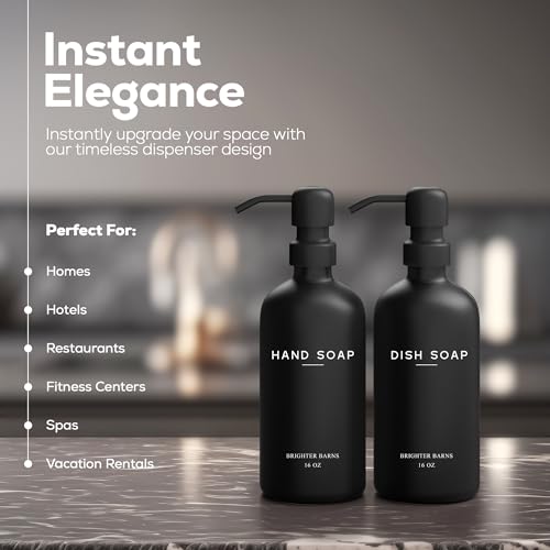 Black Glass Hand and Dish Soap Dispenser Set by Brighter Barns (Black Hd)