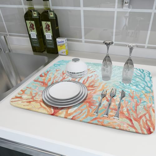 Coastal Coral Dish Drying Mat Beach Ocean Drainer Rack Mat 18x24 Inch Microfiber Absorbent Reversible Dish Dry Pad for Kitchen Counter Sink (Pink Coastal Coral / 18" x 18")