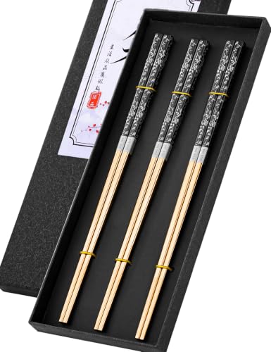 Metal Chopsticks Reusable (Gold Black 3 Pairs)
