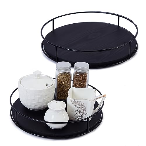 2 Pack ] 9" & 10" Black Wood Lazy Susan Organizers with Steel Sides