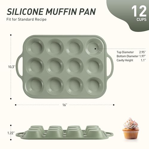 12 Cups Silicone Muffin Pan with Metal Reinforced Frame Cupcake Pan Tray Egg Molds Parents Stepdad Pawpaw Who Want Nothing Everything Future Groom Bride Law Christmas Xmas Happy Birthday Gifts Ideal (1pc: 12-Cup Regular / Morandi Green)
