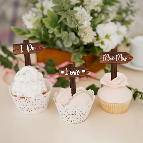 Rustic Wedding Cake Decoration Set Just Married Cake Topper & 12 PCS Wedding Cupcake Toppers in Wood (Set)