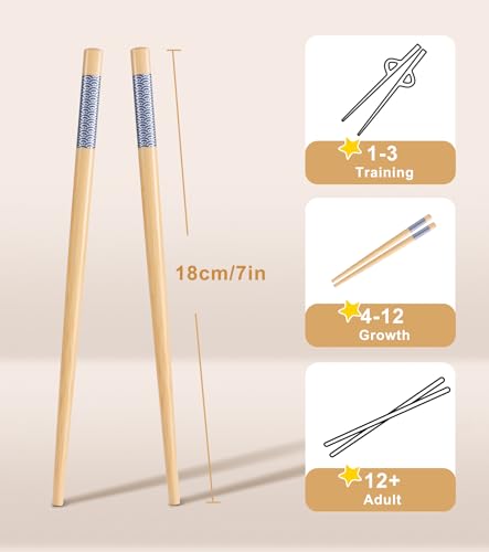 7inch Short kids Bamboo Chopsticks 5 Pairs Reusable Wooden Natural Chopstick Training for Beginners (Style 3 - 5 Pairs - 7 inches)