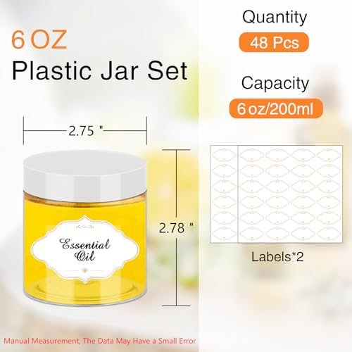 6 OZ Plastic Jars with White Lids (6OZ 48Pcs White)