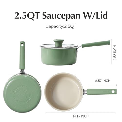 Ceramic Nonstick Saucepan with Lid (2.5 Quarts / Green)