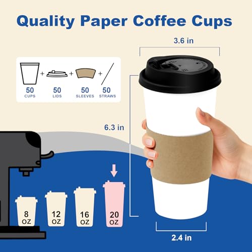 20 oz 50 Pack Coffee Cups with Lids and Sleeves (White- 50packs / 20 oz)