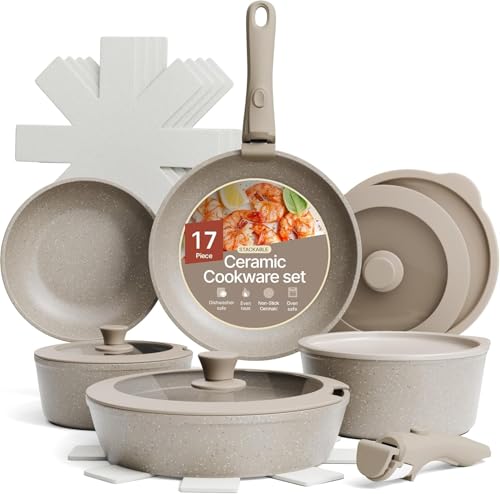 Bakken 17 Piece Ceramic Coated Aluminum Cookware Set (Off-White)