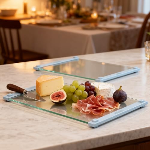 2PCS Glass Cutting Board with Silicone Grip (Blue)