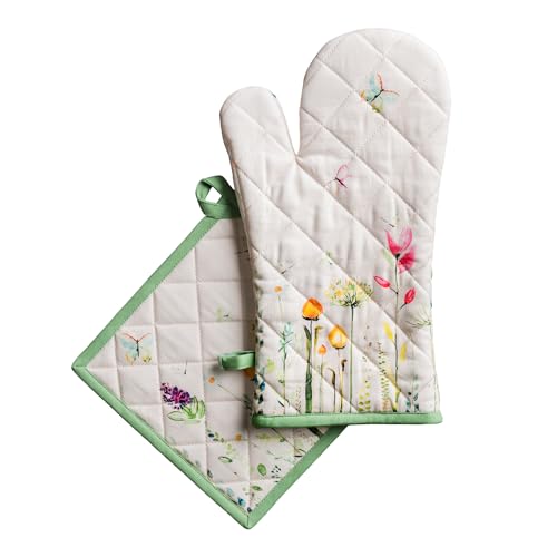 100% Cotton Oven Mitt & Pot Holder Set (019 - Botanical Fresh / 7.5" x 13" & 8" x 8" (Oven Mitt & Pot Holder))