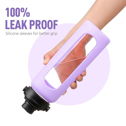 24oz Glass Water Bottle with Straw and 2 Lids (Purple / 24 Ounces)