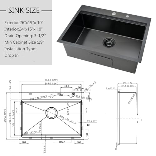 26 inch Black Drop in Kitchen Sink (26"L x 19"W x 10"D / Black（26*19 ）)