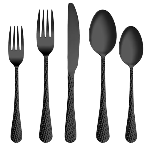 60 Pcs Black Hammered Silverware Set Service for 12 (Black)