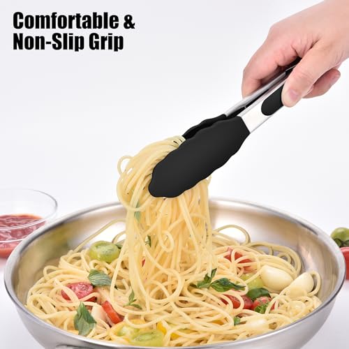 Kitchen Tongs with Silicone Tips for Cooking Serving (7in / Black)