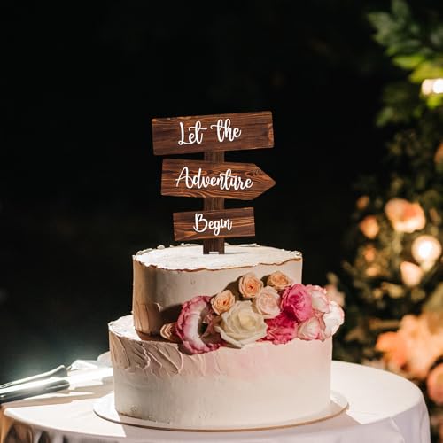 Let the Adventure Begin Cake Topper in Wood Rustic Cake Decoration for Wedding & Baby Shower (Let the Adventure Begin)