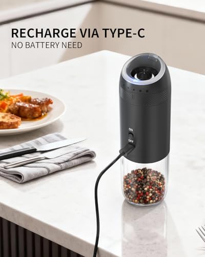 Gravity Electric Salt and Pepper Grinder Set Rechargeable Automatic Pepper Mills with External Adjustable Coarseness (Rechargeable / Plus Black Set)