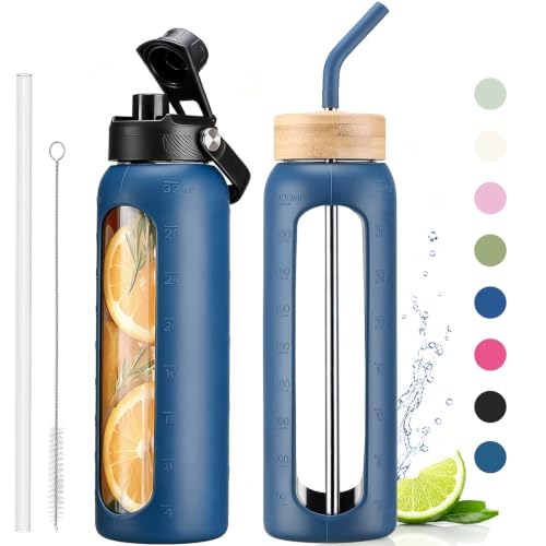 32 oz Glass Water Bottle with Straw and 2 Lids (Navy Blue / 32 Ounces)